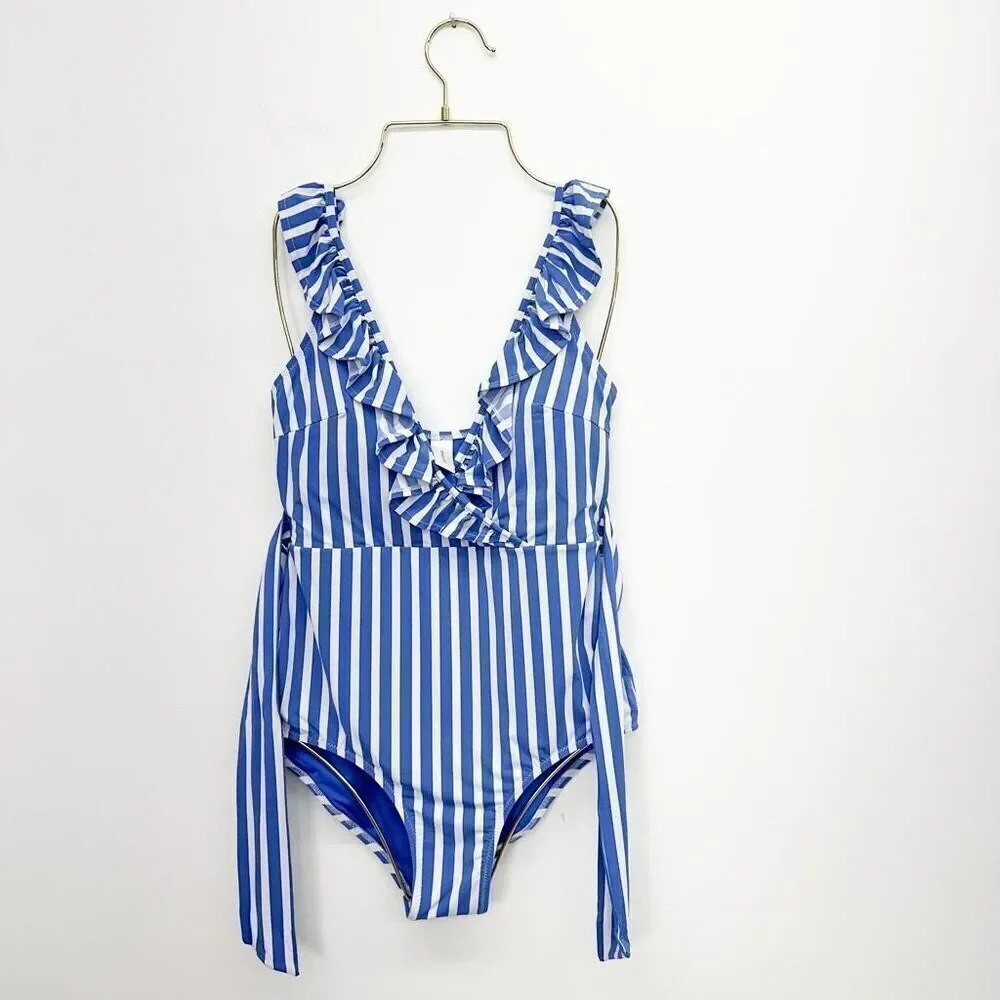 Vineyard Vines Women’s Blue and White Sail Stripe Ruffle One-Piece Swimsuit